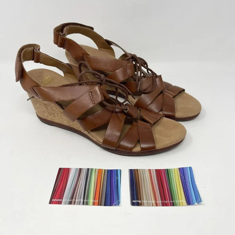 Clarks Helio Mindin Lace Up Cork Wedge Sandals Wms 10 Brown Leather Soft Cushion